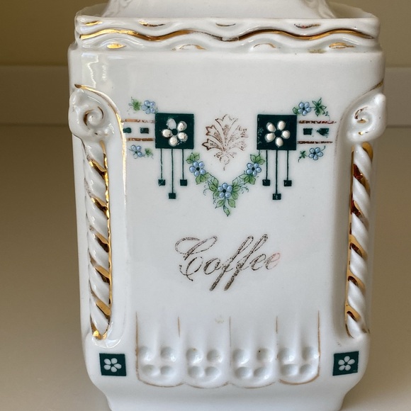 Vintage Antique German White Porcelain Coffee Canister Jar Gold Gilt Blu Grn Blk - Picture 2 of 13
